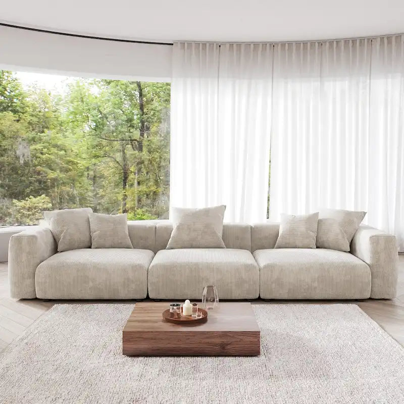143 inch Sofa Couch- Deep Seat Sofa with 5 Pillows, 3 Seater Couch with Corduroy Fabric, Modern Sofas for Living Room