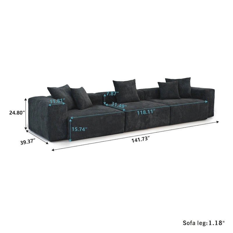 143-inch Sofa Couch - Deep Seat Sofa with 5 Pillows, 3-Seater Couch in Corduroy Fabric, Modern Sofas for Living Room