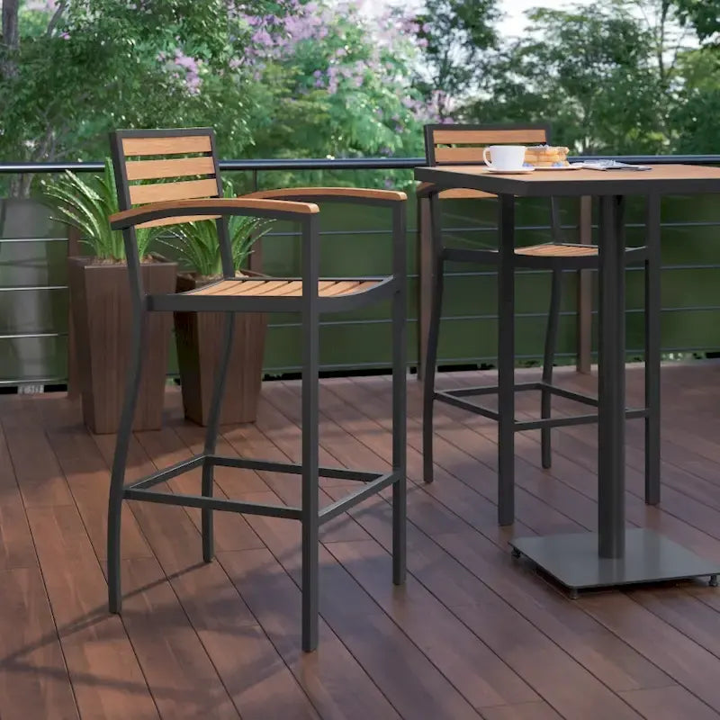 Commercial Grade Outdoor Bar Stool with Armrests and Poly Resin Slats