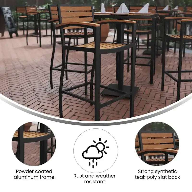 Commercial Grade Outdoor Bar Stool with Armrests and Poly Resin Slats