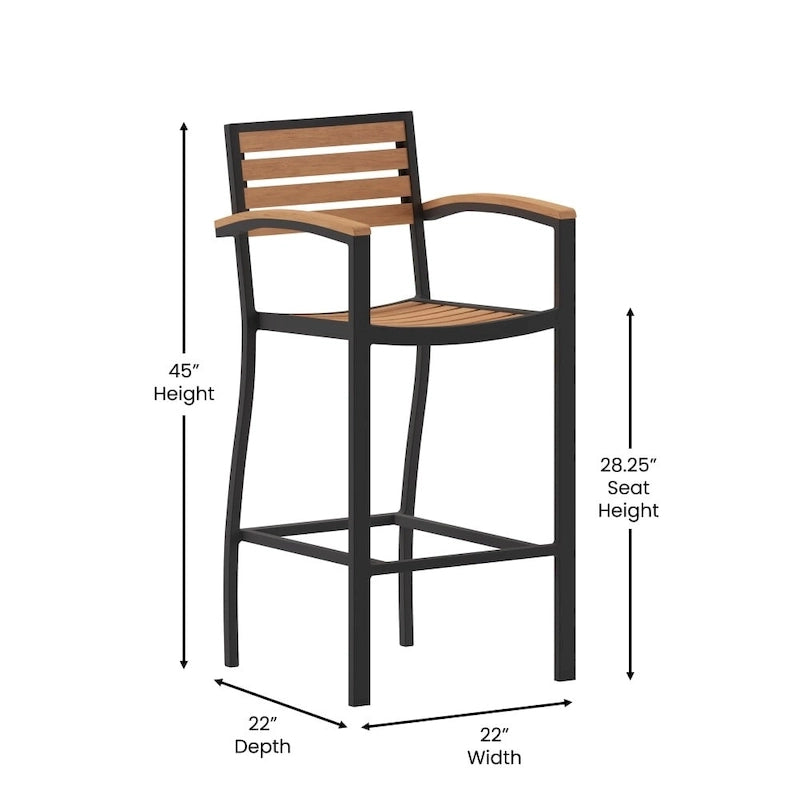 Commercial Grade Outdoor Bar Stool with Armrests and Poly Resin Slats