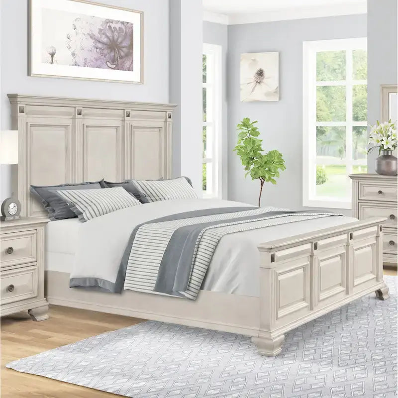 Roundhill Furniture Renova Distressed Parchment Wood Bedroom Set, Panel Bed, Dresser, Mirror, Nightstand