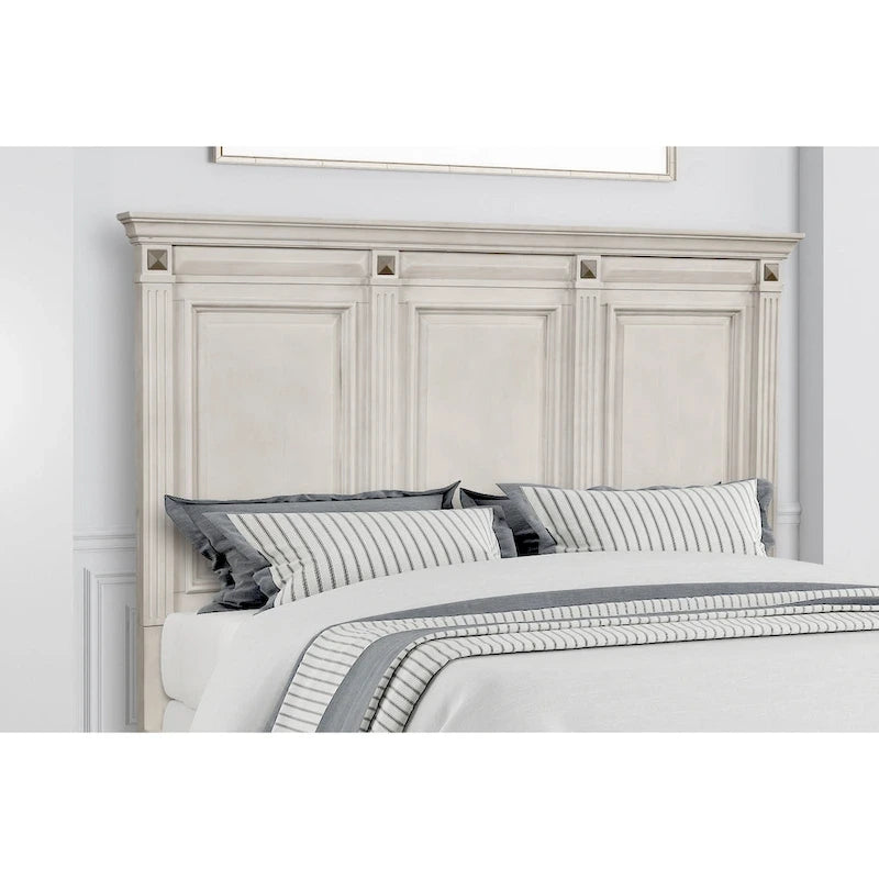 Roundhill Furniture Renova Distressed Parchment Wood Bedroom Set, Panel Bed, Dresser, Mirror, Nightstand