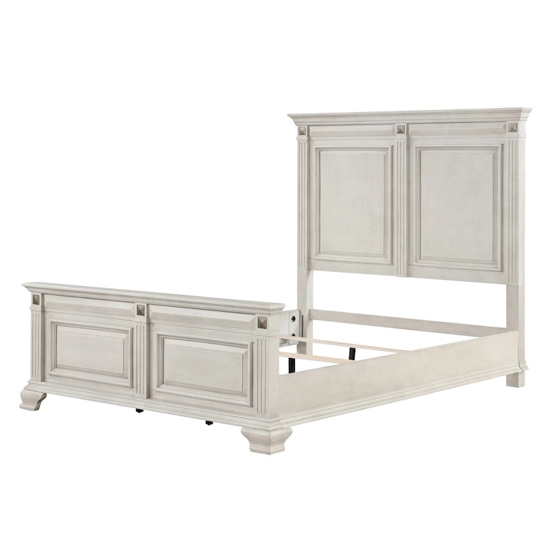 Roundhill Furniture Renova Distressed Parchment Wood Bedroom Set, Panel Bed, Dresser, Mirror, Nightstand
