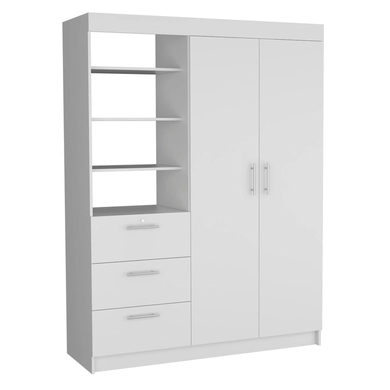 Kenya 3-Drawer Armoire with 3 Upper Shelves, 2 Hangers, Metal Handles, White - N/A