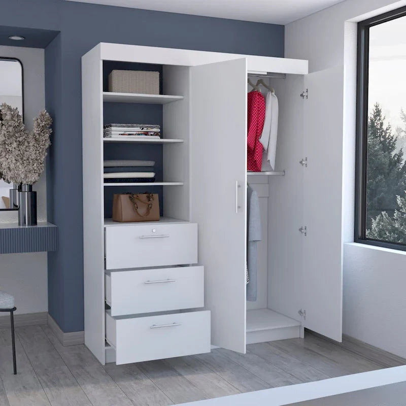 Kenya 3-Drawer Armoire with 3 Upper Shelves, 2 Hangers, Metal Handles, White - N/A