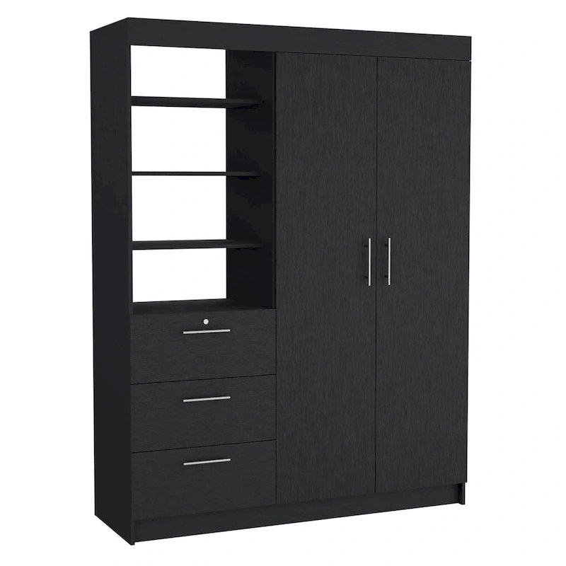 Kenya 3-Drawer Armoire with 3 Upper Shelves, 2 Hangers, Metal Handles, White - N/A