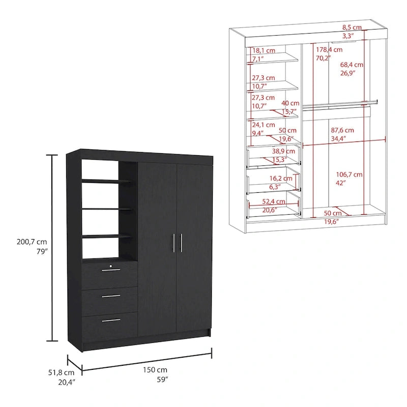 Kenya 3-Drawer Armoire with 3 Upper Shelves, 2 Hangers, Metal Handles, White - N/A