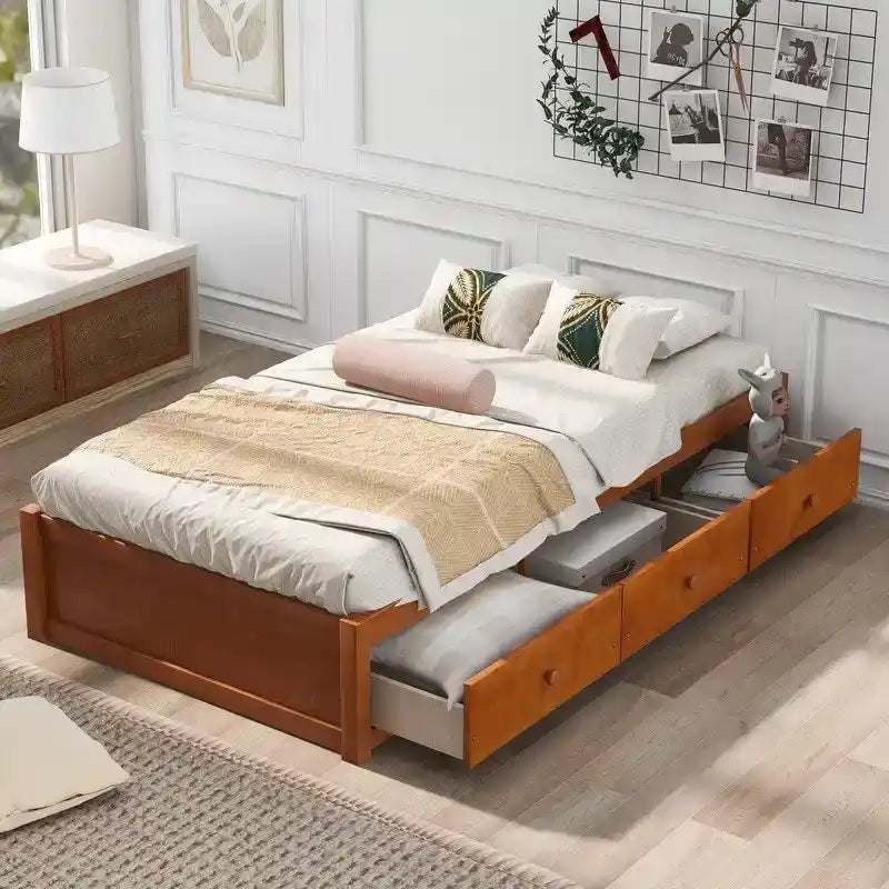 3-Drawers Twin Size Solid Wood Platform Storage Bed Frame