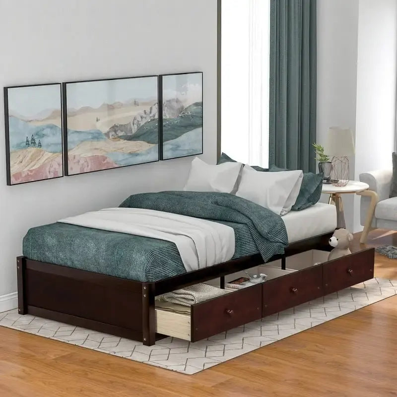 3-Drawers Twin Size Solid Wood Platform Storage Bed Frame