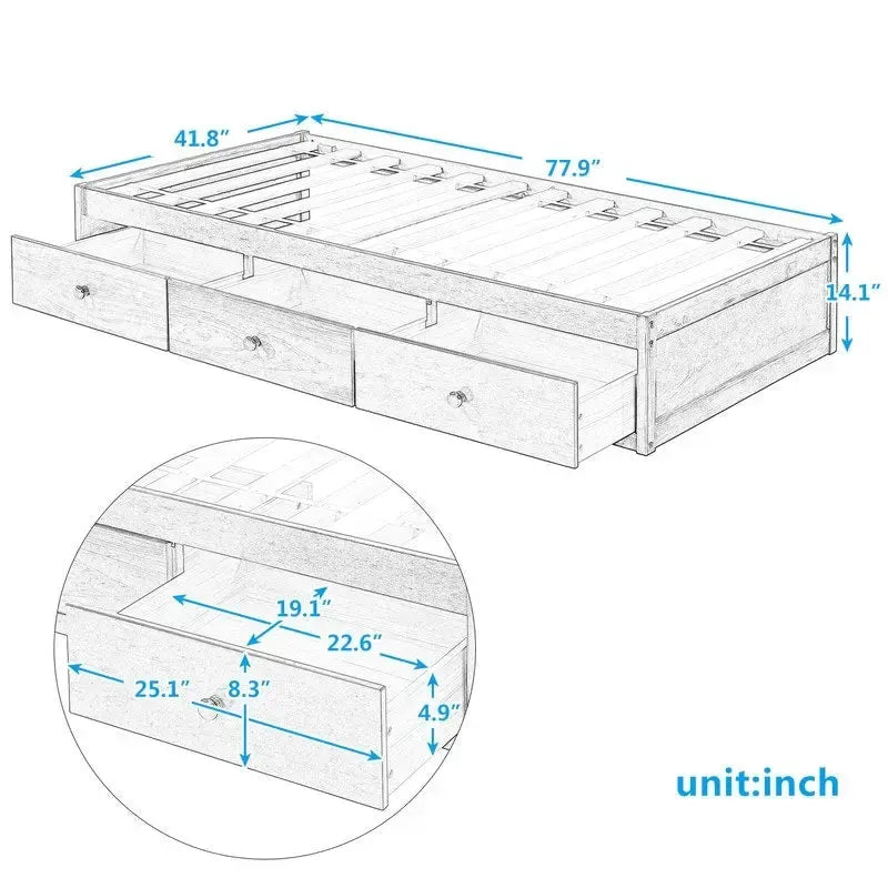 3-Drawers Twin Size Solid Wood Platform Storage Bed Frame