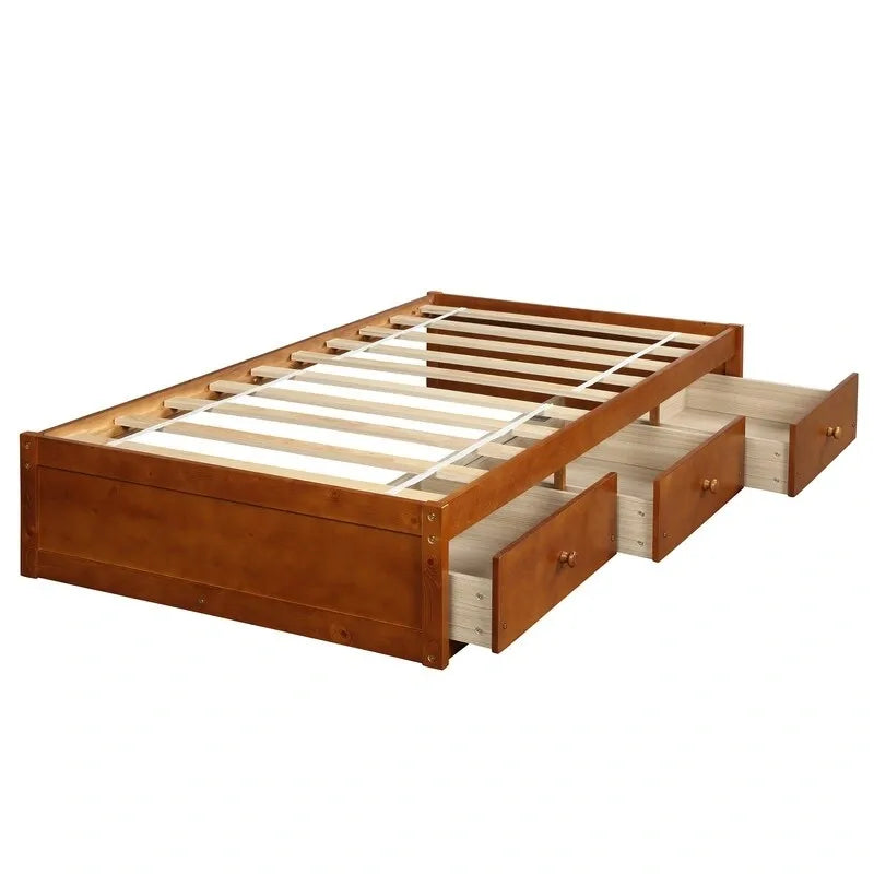 3-Drawers Twin Size Solid Wood Platform Storage Bed Frame
