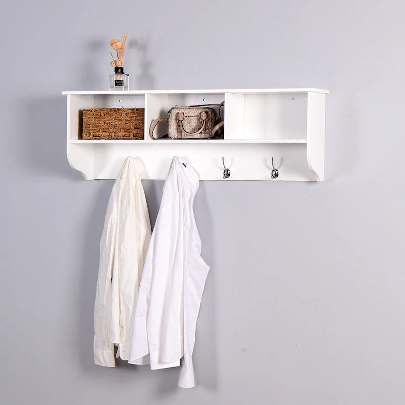 Wall Mounted Coat Rack W/ 4 Dual Hooks, Wood Storage Shelf Small Space