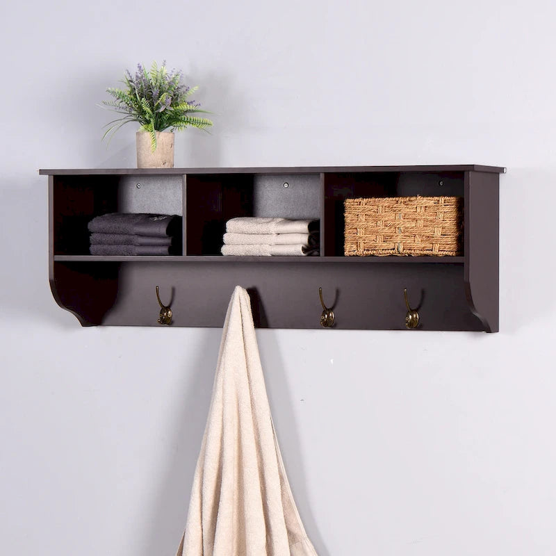 Wall Mounted Coat Rack W/ 4 Dual Hooks, Wood Storage Shelf Small Space