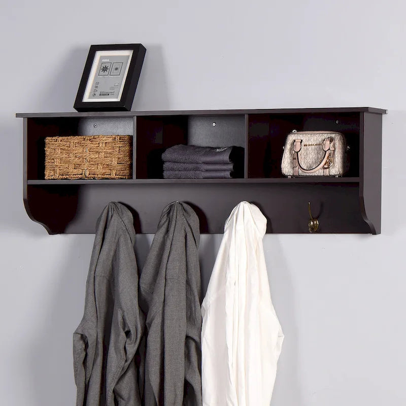 Wall Mounted Coat Rack W/ 4 Dual Hooks, Wood Storage Shelf Small Space