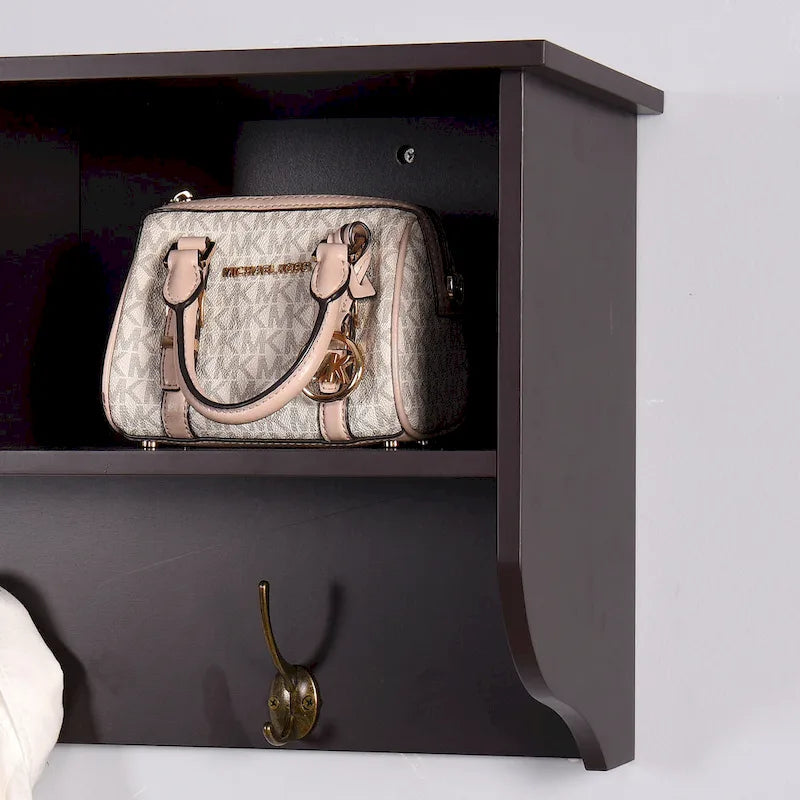 Wall Mounted Coat Rack W/ 4 Dual Hooks, Wood Storage Shelf Small Space