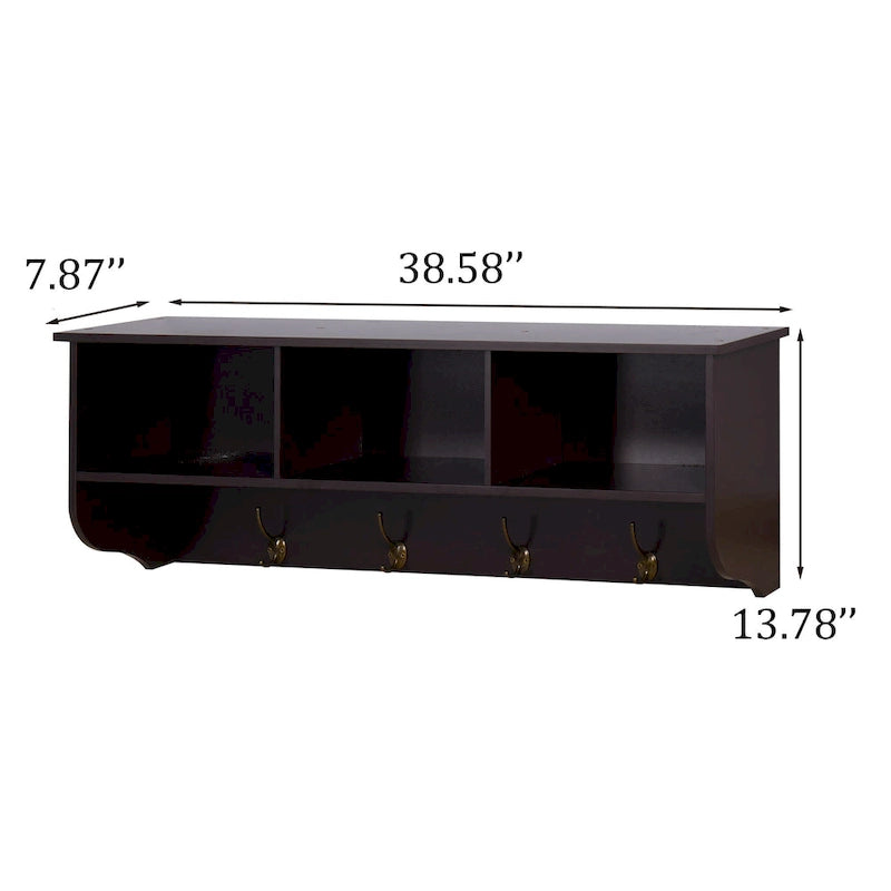 Wall Mounted Coat Rack W/ 4 Dual Hooks, Wood Storage Shelf Small Space