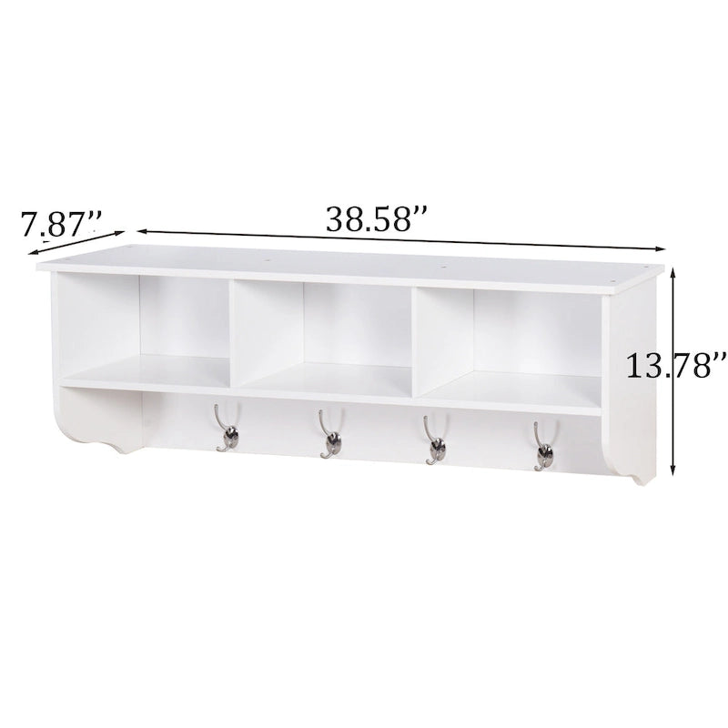 Wall Mounted Coat Rack W/ 4 Dual Hooks, Wood Storage Shelf Small Space