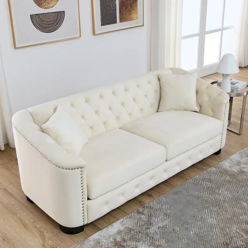 77-Inch Modern Chesterfield Velvet Sofa, 3-Seater Sofa, Upholstered Tufted Backrests with Nailhead Arms and 2 Cushions for Livin