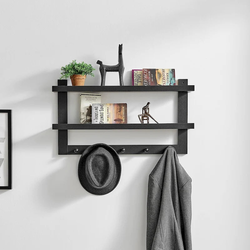 Danya B. 2-Tier Wall Shelf with 5 Hanging Hooks - Entryway or Bathroom