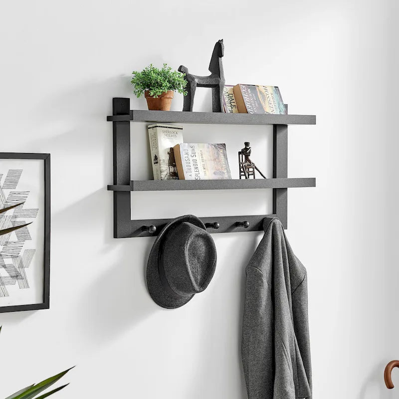 Danya B. 2-Tier Wall Shelf with 5 Hanging Hooks - Entryway or Bathroom