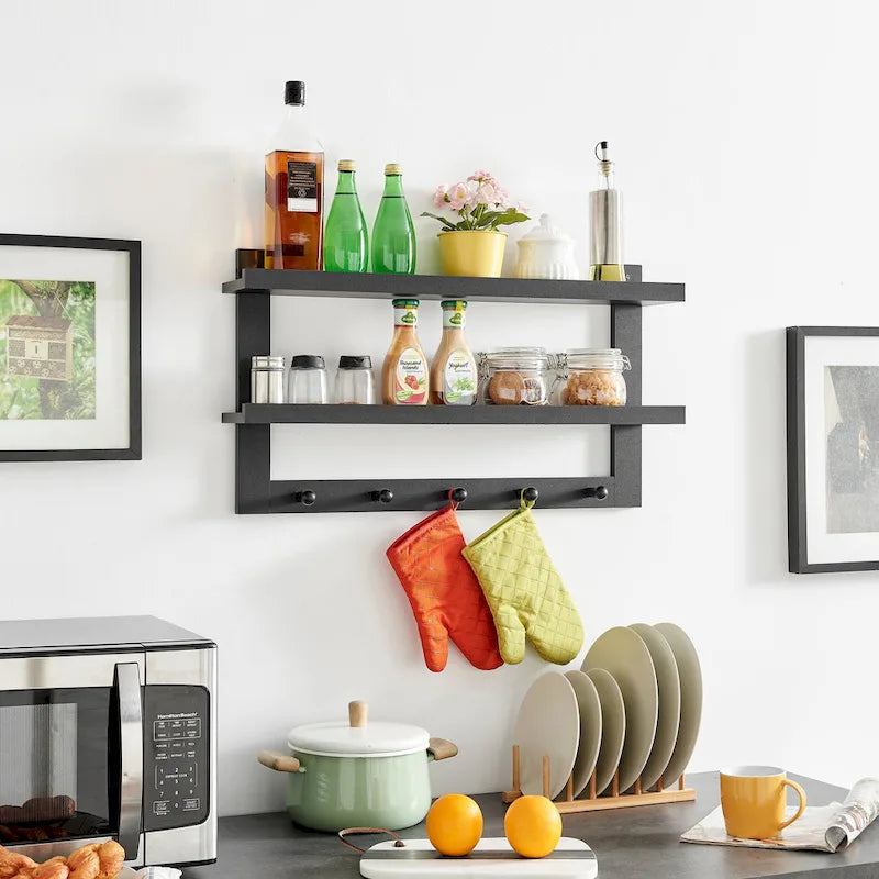 Danya B. 2-Tier Wall Shelf with 5 Hanging Hooks - Entryway or Bathroom