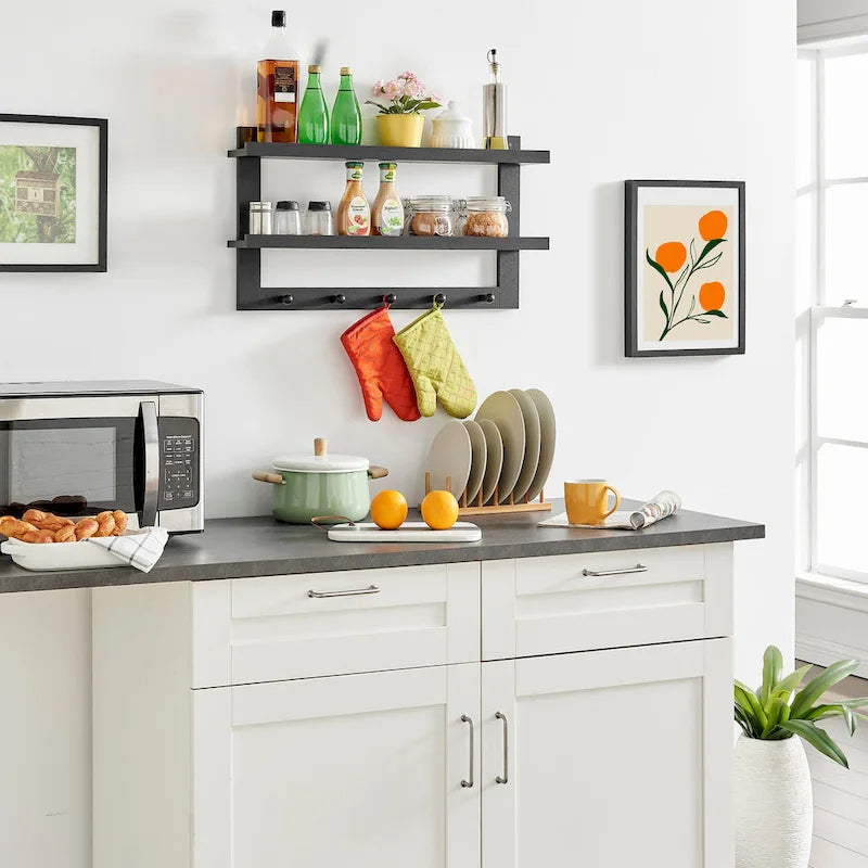 Danya B. 2-Tier Wall Shelf with 5 Hanging Hooks - Entryway or Bathroom