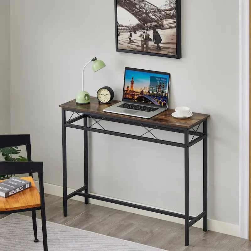 VECELO Industrial Rectangular Wood Console Table with AC Power and USB Charging Ports