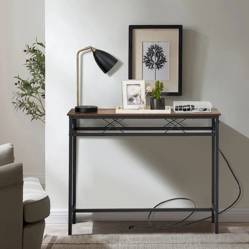 VECELO Industrial Rectangular Wood Console Table with AC Power and USB Charging Ports