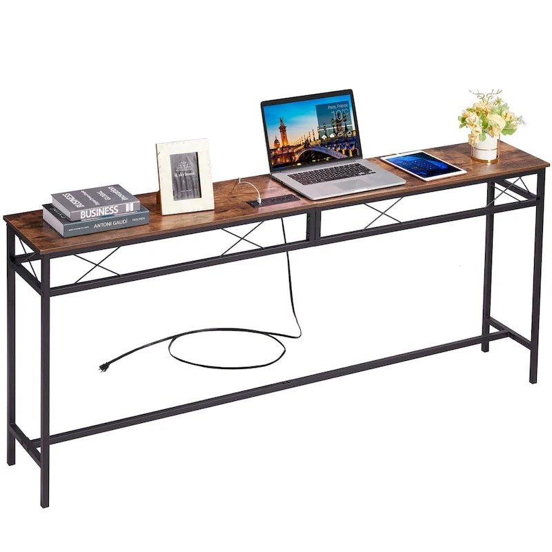 VECELO Industrial Rectangular Wood Console Table with AC Power and USB Charging Ports