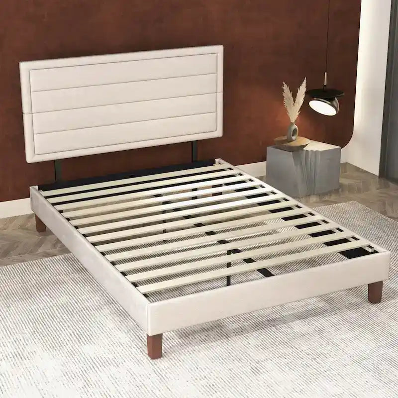 Platform Bed Frame with Wooden Slats Support, Upholstered Bed with Headboard, No Box Spring Needed