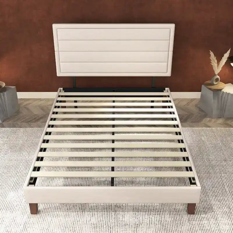 Platform Bed Frame with Wooden Slats Support, Upholstered Bed with Headboard, No Box Spring Needed