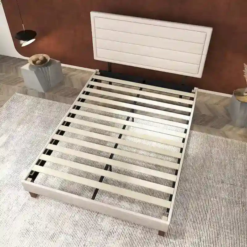 Platform Bed Frame with Wooden Slats Support, Upholstered Bed with Headboard, No Box Spring Needed