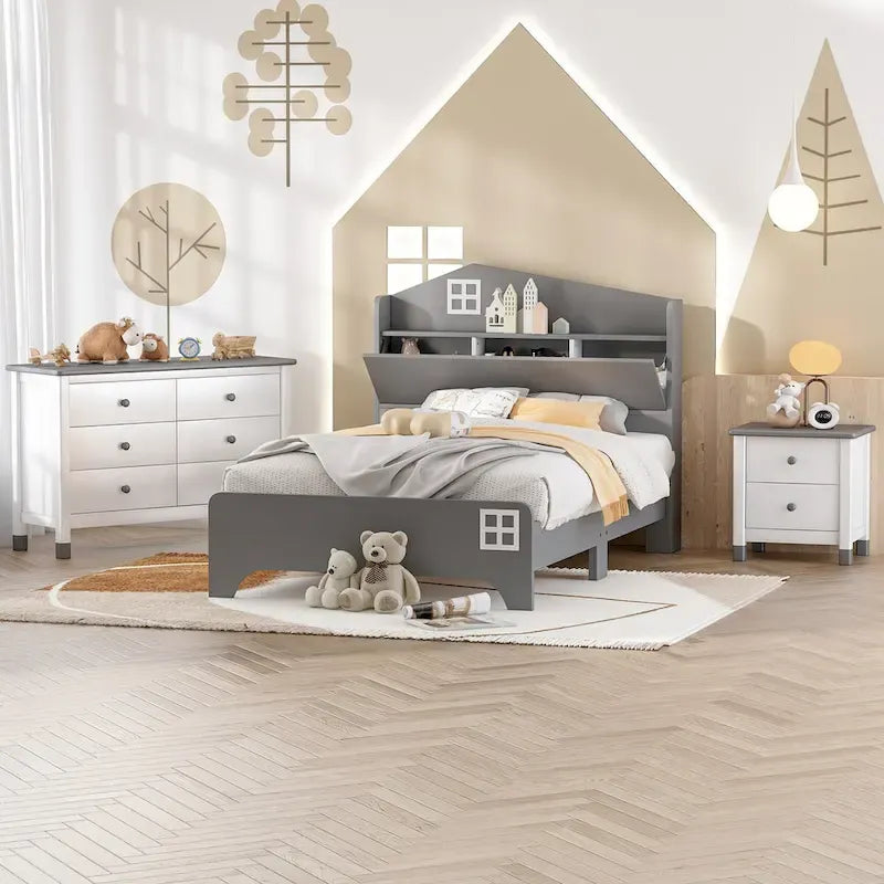 3-Piece Twin Size Bedroom Set: House Bed with Storage Headboard, Wooden Nightstand, and Storage Dresser, Gray