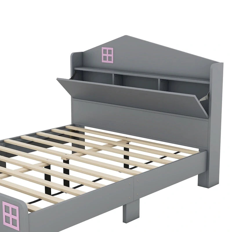 3-Piece Twin Size Bedroom Set: House Bed with Storage Headboard, Wooden Nightstand, and Storage Dresser, Gray