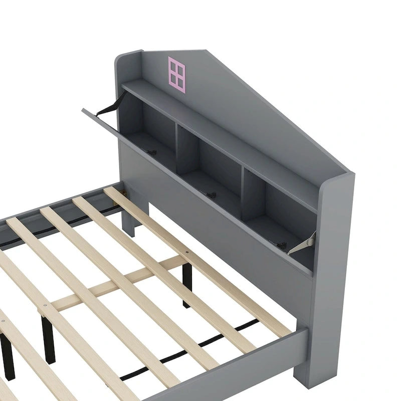 3-Piece Twin Size Bedroom Set: House Bed with Storage Headboard, Wooden Nightstand, and Storage Dresser, Gray