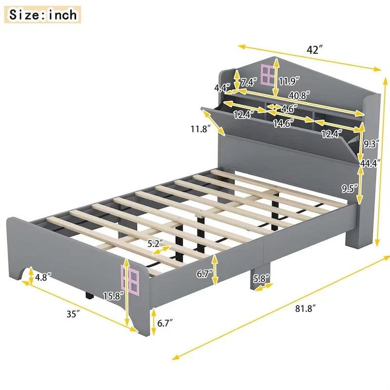 3-Piece Twin Size Bedroom Set: House Bed with Storage Headboard, Wooden Nightstand, and Storage Dresser, Gray