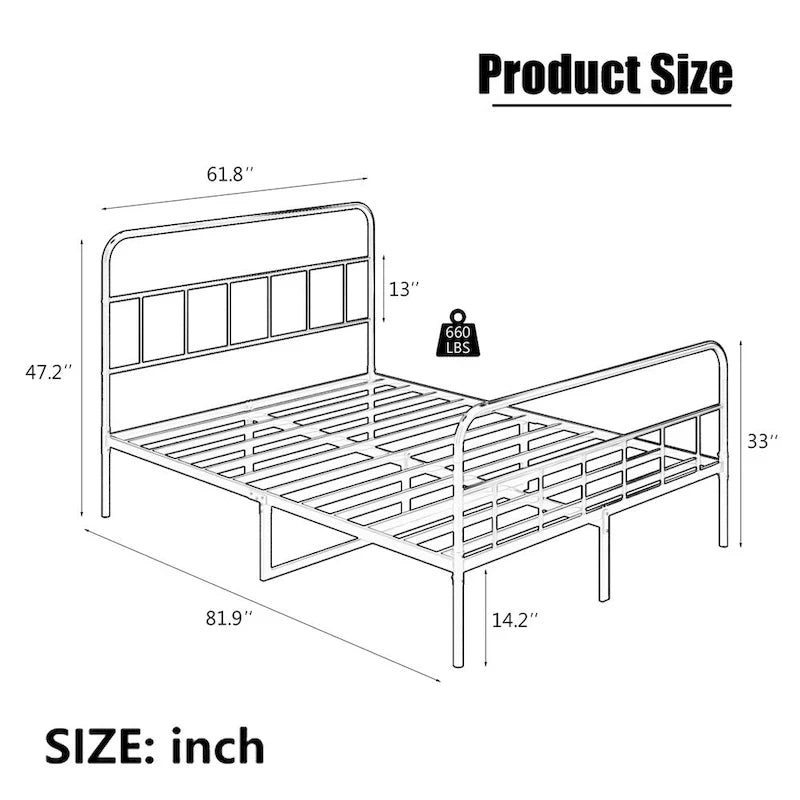 Queen Size Metal Platform Bed frame w/ Headboard No Box Spring Needed