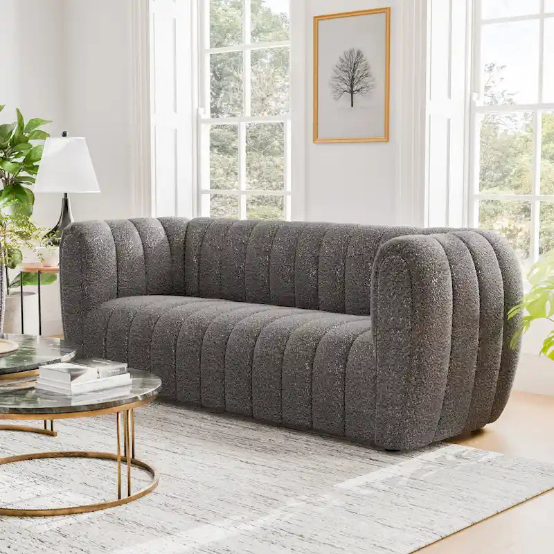 Furniture of America Lucinda Modern Vertical Channel Tufted Boucle Accent Sofa Couch with Wooden Legs
