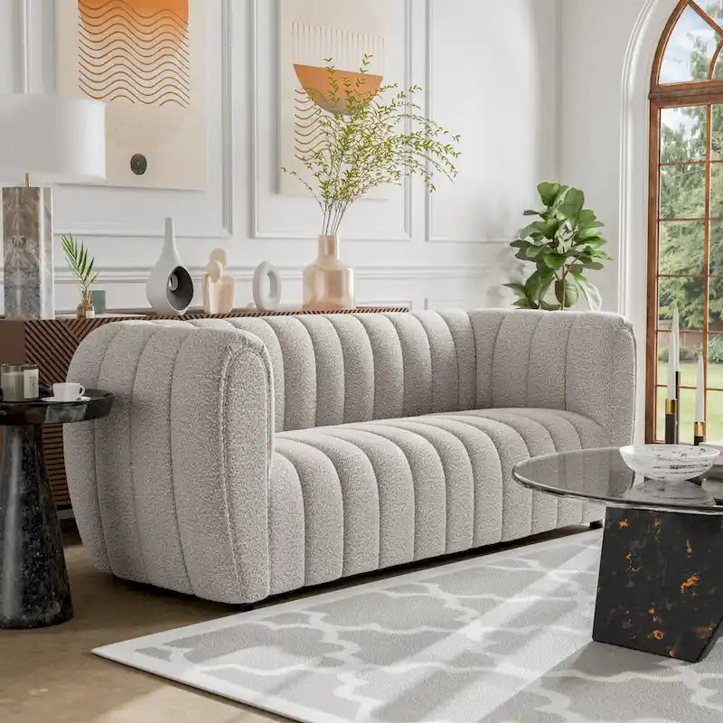 Furniture of America Lucinda Modern Vertical Channel Tufted Boucle Accent Sofa Couch with Wooden Legs