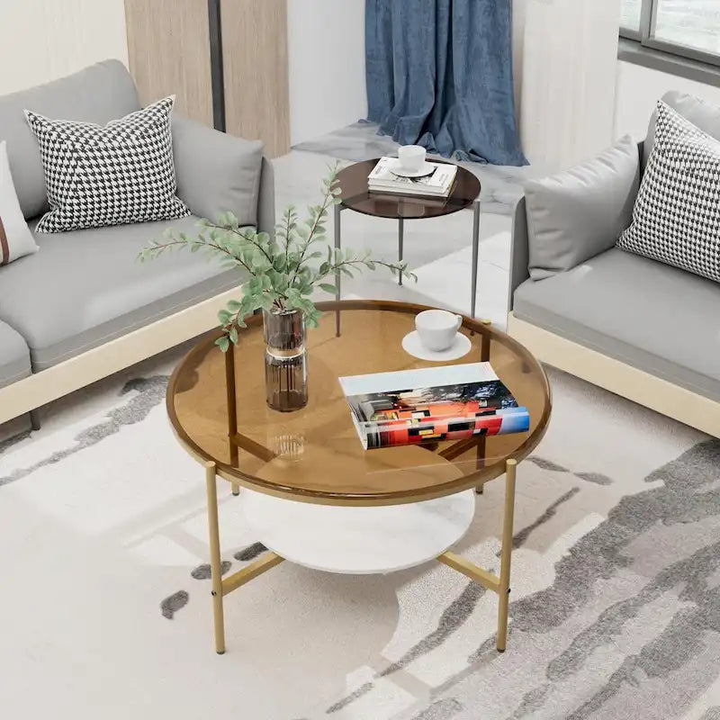 2-Tier Round Coffee Storage Table with Tempered Glass Top and Sintered Stone Accent Table