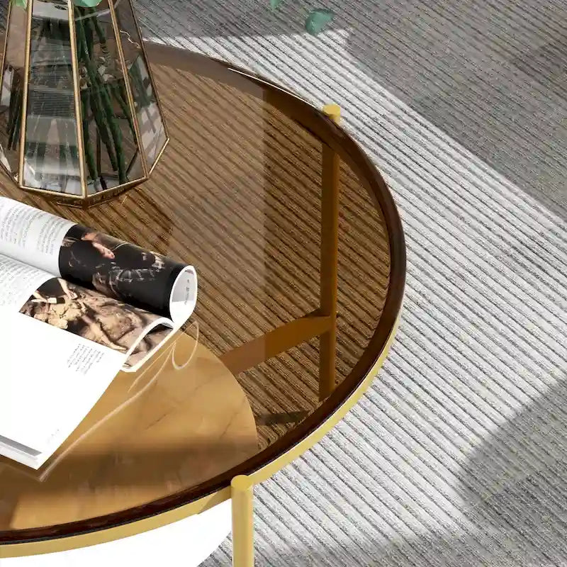 2-Tier Round Coffee Storage Table with Tempered Glass Top and Sintered Stone Accent Table