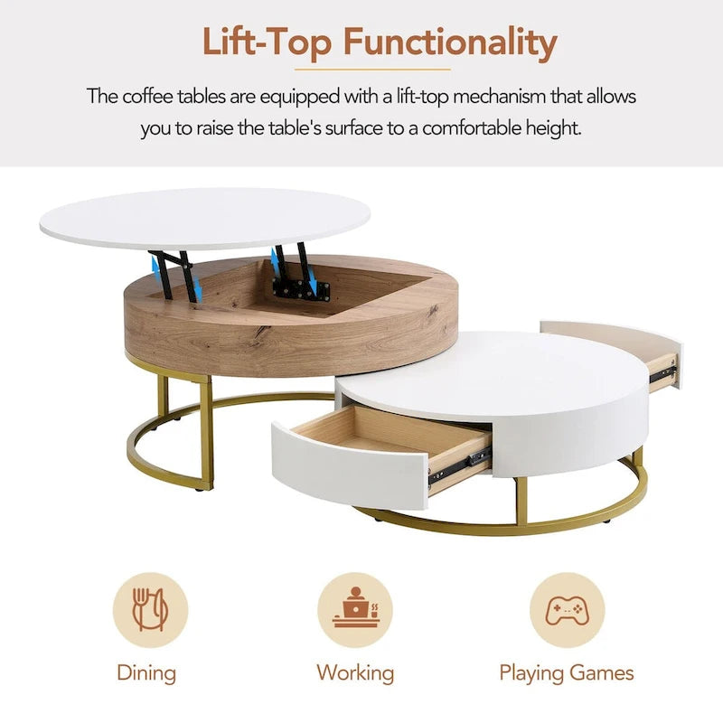 Modern Round Lift-top Nesting Coffee Tables with 2 Drawers