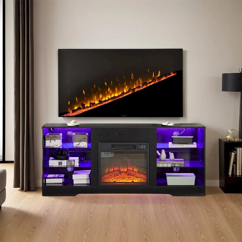 58W Fireplace TV Stand with 18 Fireplace, LED Light, USB Outlet - 58W*15.5D*24.4H