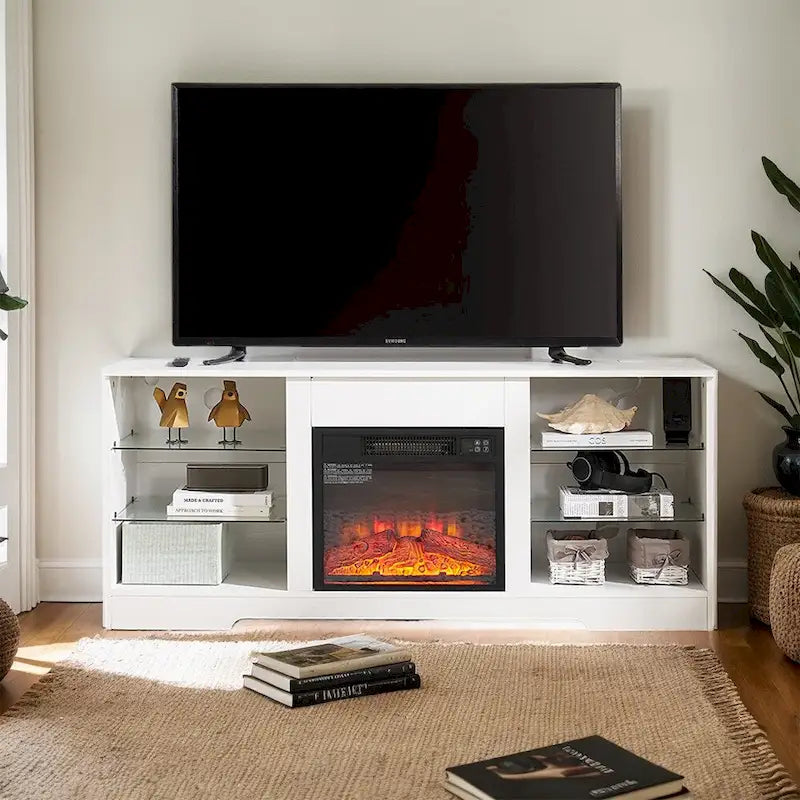 58W Fireplace TV Stand with 18 Fireplace, LED Light, USB Outlet - 58W*15.5D*24.4H
