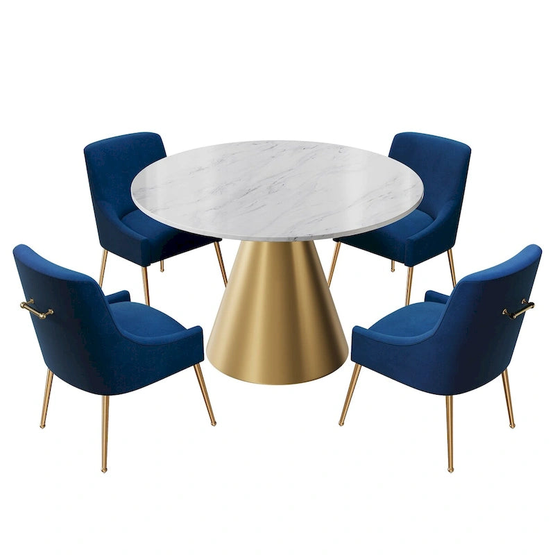 48 Marble Top Metal Dining Table with Velvet Dining Chair Set