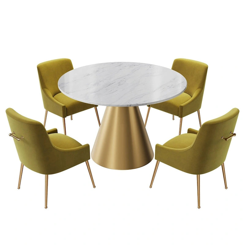 48 Marble Top Metal Dining Table with Velvet Dining Chair Set