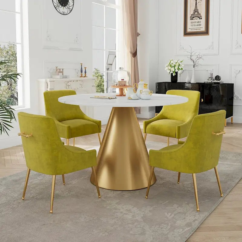 48 Marble Top Metal Dining Table with Velvet Dining Chair Set
