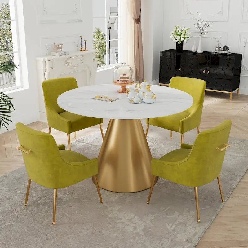 48 Marble Top Metal Dining Table with Velvet Dining Chair Set