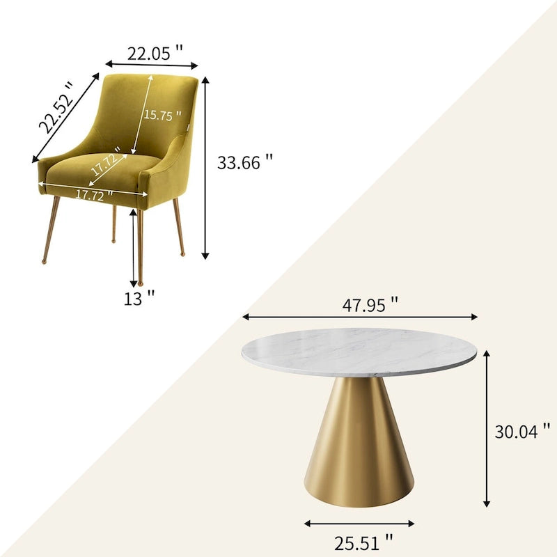 48 Marble Top Metal Dining Table with Velvet Dining Chair Set
